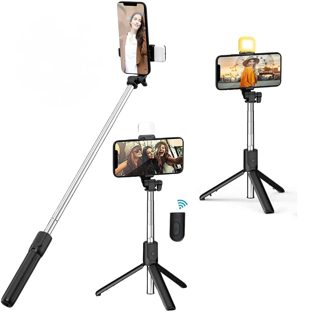 MAK Selfie Stick with Tripod Stand, 3 in 1 Multifunctional design, Rechargable LED Light with Two Brighness Levels for Make up, Selfie, Vlogging & Photo Shoot, Selfie stick with Bluetooth Remote