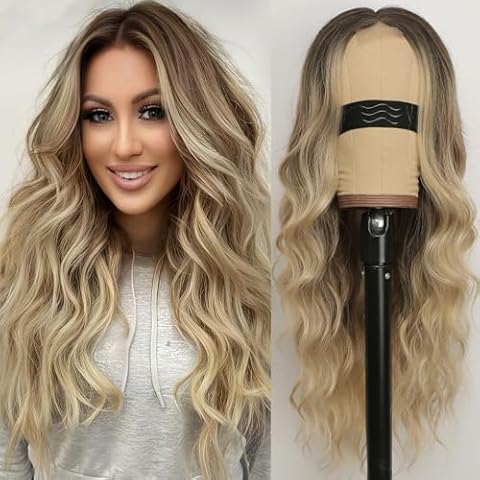 Blonde Wig for Women 4X1 Lace Hairline Ombre Blonde Wig Long Middle Part Wigs with Dark Root Synthetic Heat Resistant Natural Hair Wig for Daily Party Cover
