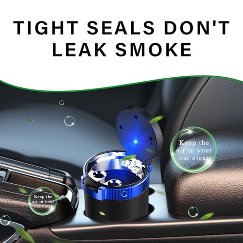 Image of KVAEY Car Ashtray with Lid, Mini Portable Car Ashtray, Detachable Stainless Steel Smokeless Ash tray with LED Blue Light, Windproof Cars Accessory for Travel Car Smokers (Blue, 1pcs)