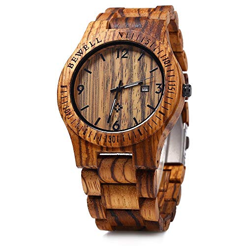 Armbanduhr Holz Quartz, Männer Frauen Holz Armbanduhr Analog anzeige japanischen Quarz mit Kalenderquarzzebraholztabelle