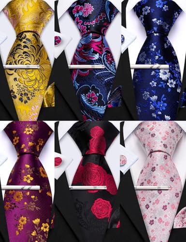 Image of Barry.Wang 6 PCS Men Ties Set Silk Business Fashion Woven Necktie Handkerchief Cufflinks Paisley Stripe Wedding Party
