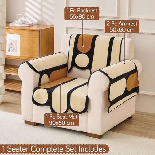 Image of HOKIPO 'Moderna Curves' Complete (Seat+Back+Arm) Sofa Mat Set for 1 Seater Sofa | Luxury All Season Sofa Cover Mat with Anti Slip Backing, Oyster Beige (AR-6121+AR-6120 * 2+AR-6309)