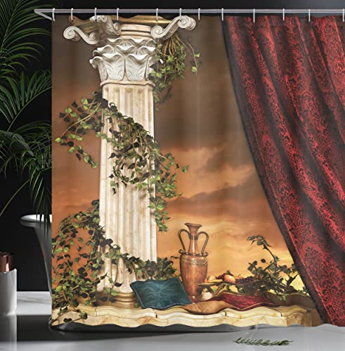 ABAKUHAUS Gothic Shower Curtain, Greek Style Scene Climber Pillow Fruits Vine and Red Curtain Sunset - Image 3