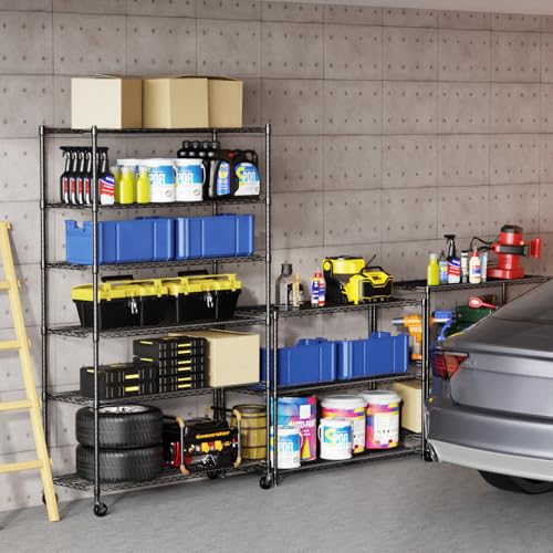 Image of BestOffice Storage Shelves 6 Tier Metal Shelves Adjustable Heavy Duty Garage Shelving Wire Shelving Unit Capacity 6000LBS with Wheels for Kitchen, Garage Pantry Closet Commercial,Black