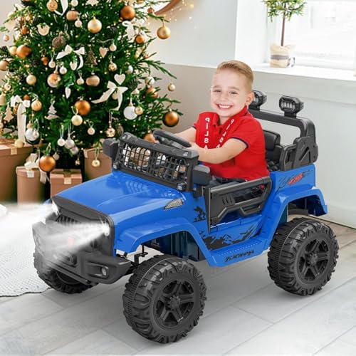 Coche eléctrico infantil 1 plaza 12 V, 4 x 4 eléctrico con mando a distancia parental, cinturón de seguridad,faros LED,música, suspensión,vehículo todoterreno para niños de 3 a 8 años(azul)