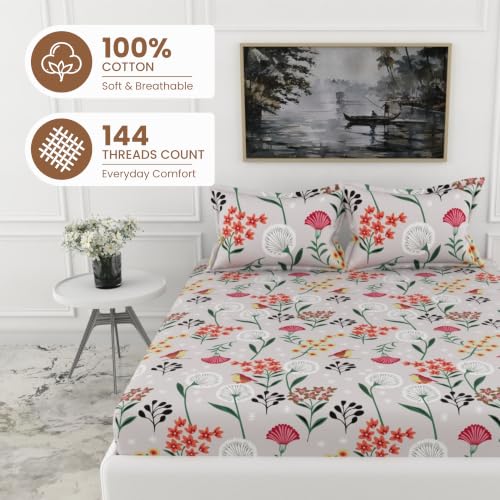 Image of LORETO - A QUALITY LINEN BRAND 144 TC 100% Pure Cotton Double /Queen Fitted Bedsheet with 2 Pillow Covers for 72 x 60 Inch Mattress, All-Around Elastic, 8 Inch Deep Pocket, Lavender Grey Spring Harmony