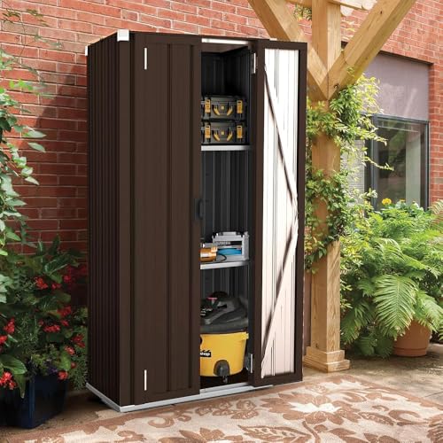 Image of AECOJOY Outdoor Storage Cabinet Waterproof with Adjustable Shelves, Vertical Tall Garden Tool Cabinet, Sheds & Outdoor Storage Clearance Cabinet Weatherproof for Outside or Indoor in Brown