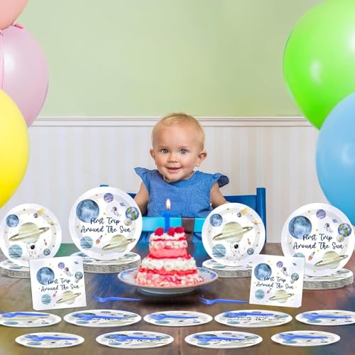 Image of ZOIIWA 200 PCS First Trip Around the Sun Birthday Tableware Disposable 1st Space Party Supplies Outer Space Birthday Party Paper Plates Napkins Forks Baby Shower Decoration Serve 50 guest