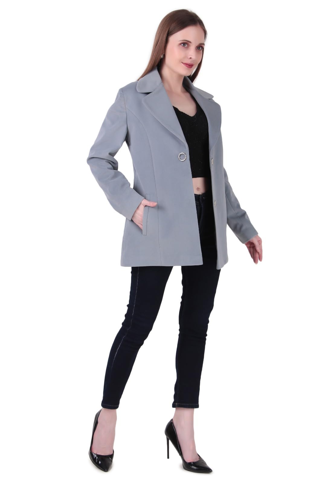 Women's Classic Lapel Pea Coat | Single-Button Winter Jacket for Women | Slim Fit Mid-Length Trench Overcoat with Pockets | Grey PACK OF 1-image-11