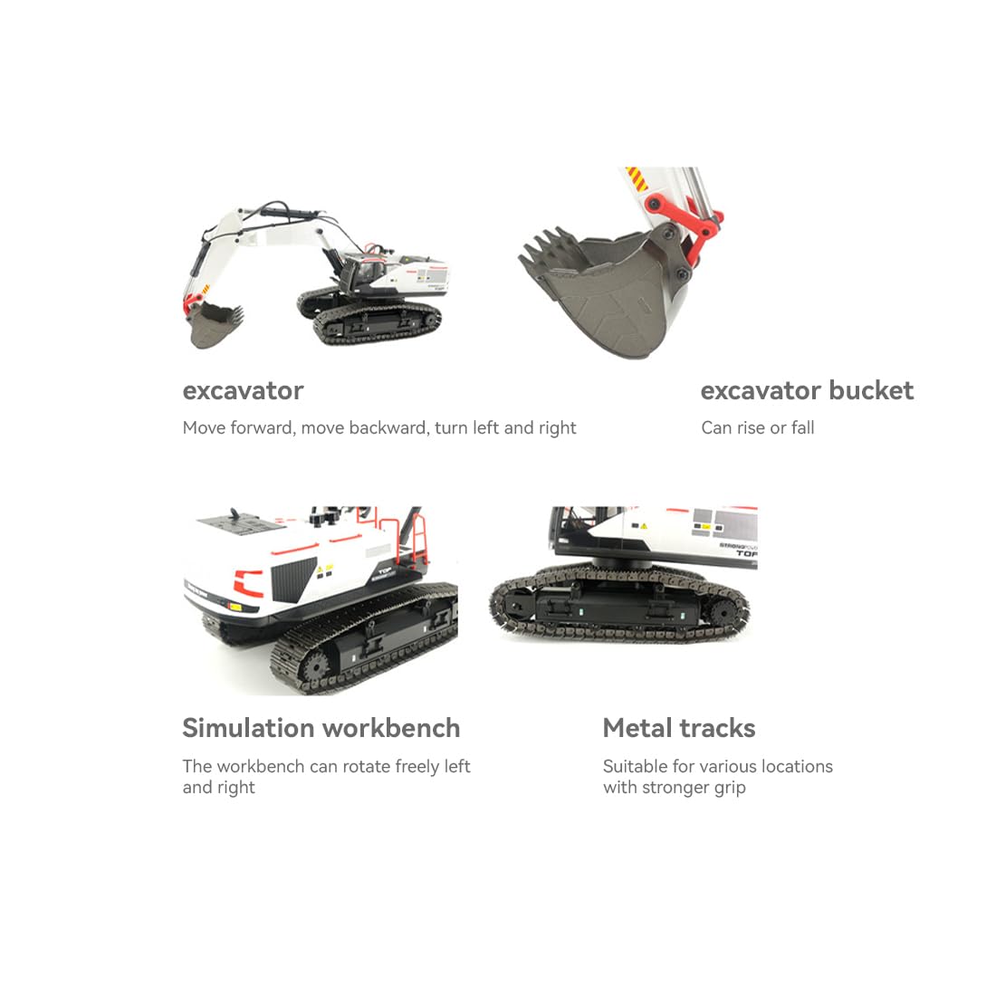 Escavatore RC in lega scala 1/14 con grabber a sfera, artiglio e trapano, telecomando 22CH e luci effetti sonori, regalo per gli amanti dei veicoli da costruzione RC (bianco)