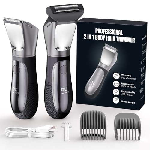 Image of Bikini Trimmer for Men, 2 in 1 Electric Razors Shaver, IPX7 Waterproof Body Hair Trimmer with Mirror, LED Light & Display, Painless Pubic Hair Removal, Silver