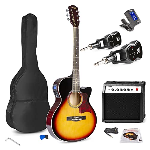 Max Showkit Wireless Electric Acoustic Guitar Starter Kit - Beginner Electro Acoustic Guitar Set with Amplifier, Wireless System & Accessories, Sunburst Finish, 6 Months Free Online Lessons option