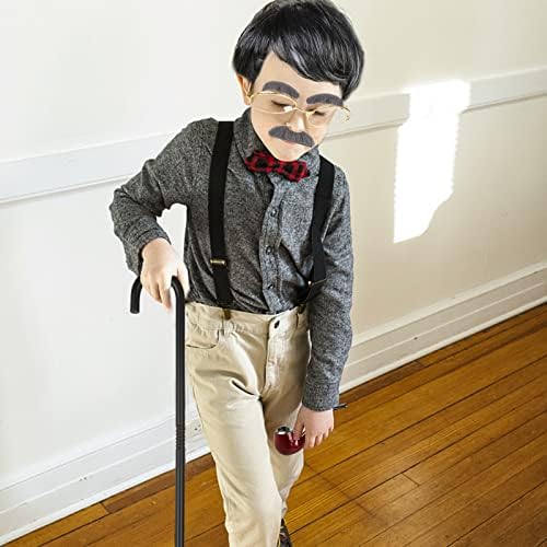 NIU MANG 6Pcs/Set 1920's Mens Cosplay Set Grandpa Costume Old Man Costume Cosplay with Cane Wig Glasses Chain Cords Fake Moustache Fake P-i-p-e Grandpa Accessories Set with Hat