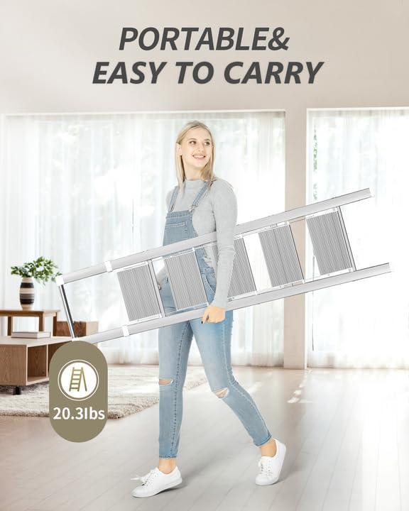 SOLADDER 5 Step Ladder, Folding Step Stool, White Foldable Iron Ladder for 10 Foot High Ceiling with Anti-Slip Wide Sturdy Pedal and Handgrip, Multi-Use for Home (300 lbs Capacity) - Image 4