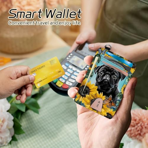 Image of Small Travel Wallets, Sunflower Pug Slim Minimalist Front Pocket Wallet with Wristlet, RFID Blocking PU Leather Credit Card Holder with ID Window Change Purse for Men Women