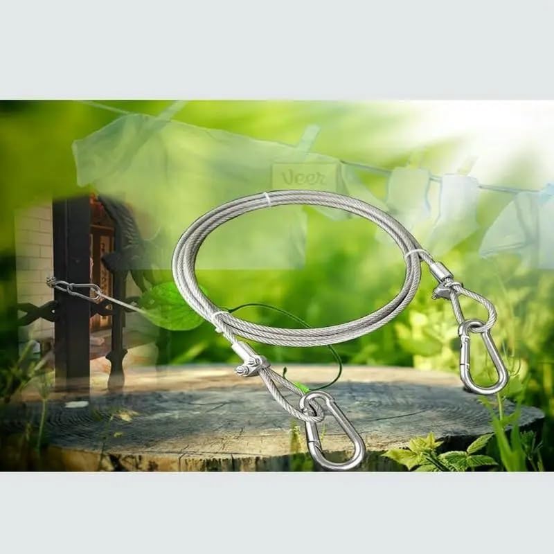 Cuerda para Tender la Ropa, Cuerda de Alambre Acero Inoxidable revestida PVC for jardín con bucles Ojo y tamaños múltiples Ganchos rápidos(12 Meters)