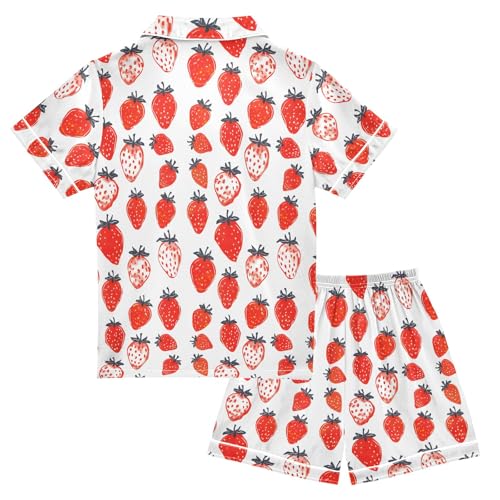 Retro Strawberry Painting Summer Satin Pajama Set, Cute Button-Down Sleepwear Pj Set for Sleep Wears2