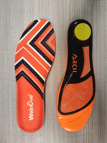 Welnove Plantillas deportivas naranja con puntera de gel y talón Poron, espuma de poliuretano altamente flexible, estructura hexagonal antideslizante para correr y hacer deporte, XS