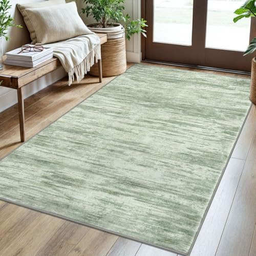 3x5 Sage Green Modern Abstract Rug for Farmhouse, Super Soft Washable Rug with Non-Slip, Low-Pile Indoor Door Area Rug for Living Room Bedroom, Carpet with Non-Shedding