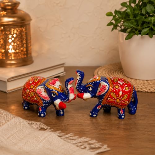 Image of eCraftIndia Handcrafted Multicolor Elephant Showpiece Set of 2 for Home Decor | Traditional Rajasthani Painted Elephant Figurines | Decorative Table Accent, Lucky Gift & Office Desk Decor