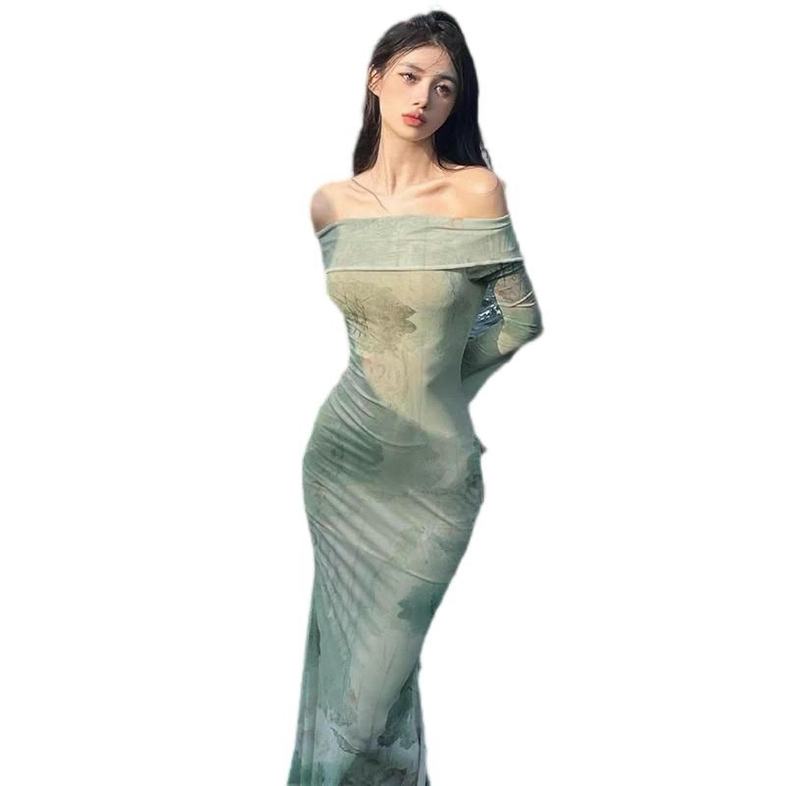 Vestiti Eleganti da Donna con Stampa Tie-Dye in Rete, per Serate, Feste, Abbigliamento Quotidiano-Verde-L
