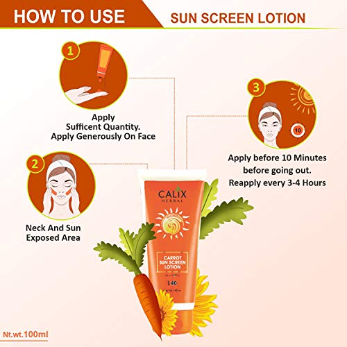 Image of Calix Herbal Ayurvedic Sunscreen SPF 40 Carrot Sun Screen Lotion For Women /Men - Sunscreen Cream For Indian Summer Condition -Help in Sun Protection From UVA /UVB Rays | For All Skin - 100 Ml