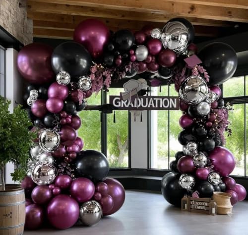 Image of Double Stuffed Black Purple Balloon Arch 4D Silver Round Foil Balloon Kit | Plum Black Silver Balloon Garland For Wednesday Halloween Vampire Gothic Birthday Graduation Prom Party Decoration