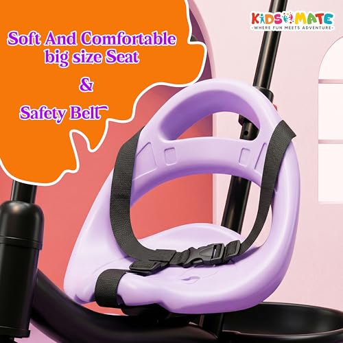 Image of Kidsmate Junior Tricycle for Kids with Parental Control | Cycle for Kids 1-4 Years | Baby Cycle | Bicycle with Storage Basket, Cushion Seat and Seat Belt Carrying Capacity 30 Kgs (Purple)