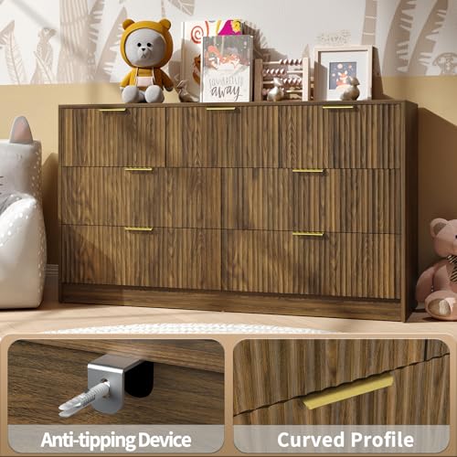 Image of Walnut Fluted 7 Drawer Dresser Bedroom,55 inch Wide Mid Century Wood Dresser with Gold Handles, Chest of Drawer Wooden TV Stand for Closet,Bedroom,Living Room,Walnut