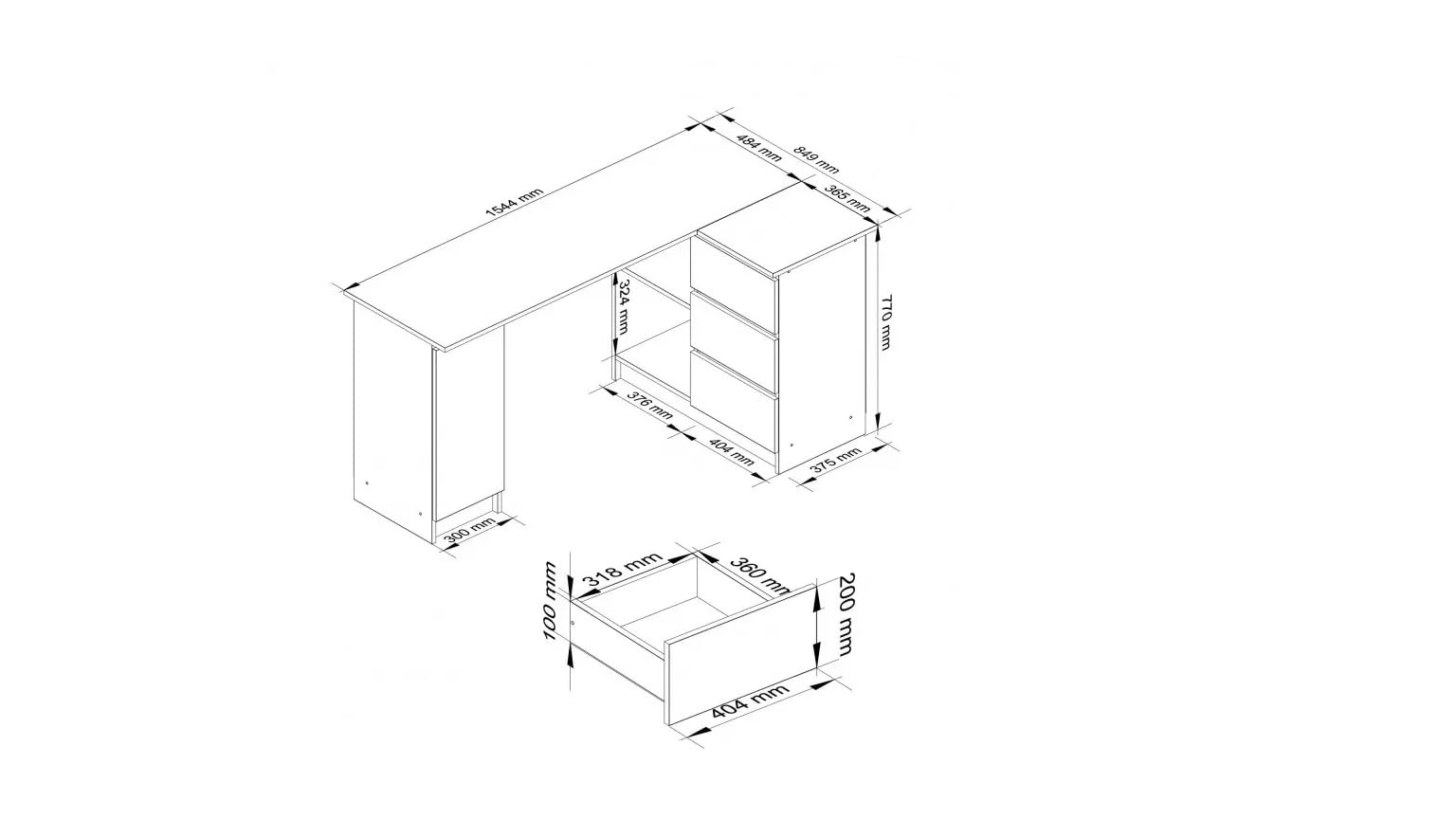 BDW Scrivania angolare a destra, 3 cassetti e 4 ripiani, ampio spazio per la distribuzione, per camerette, uffici e studi, scrivania per computer, scrivania da ufficio, 155x77x91, bianco/rovere Sonoma