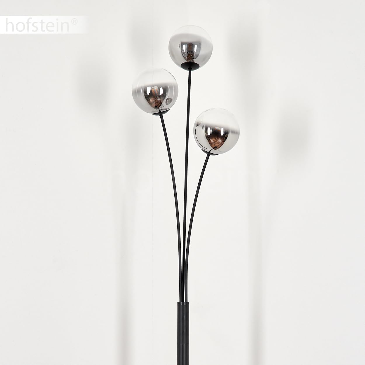 Stehleuchte Bernado, Stehlampe aus Metall/Glas in Schwarz/Rauchfarben/Klar, Leuchte im modernen Retro/Vintage-Design mit Schirmen aus Glas (Ø 12cm), dimmbar über Fußschalter, 3x G9, ohne Leuchtmittel