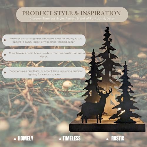 Rustic Metal Deer Lamp in Dark Brown – Forest-Themed NightLight for Cabin Lodge, Rustic Table Decor, Deer Silhouette for Home, Woodland Décor
