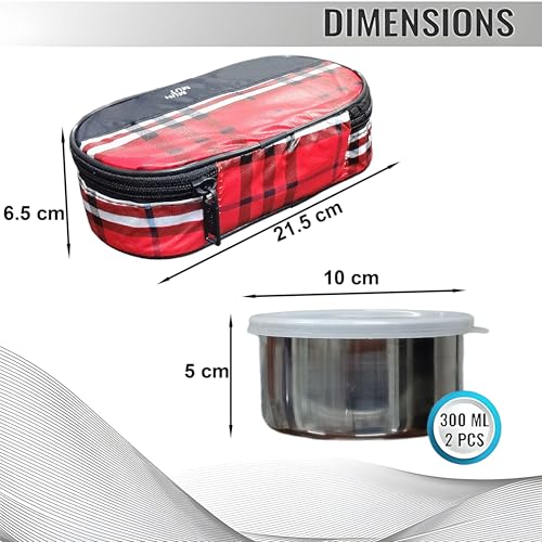Image of Taxton Stainless Steel Lunch Box with 2 Containers and Insulated Carry Bag, Checkered Pattern, Plastic Lid (Red)