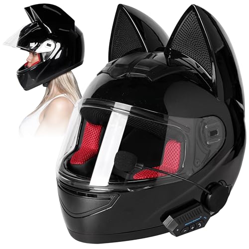 Custom Kitty Cat Ear Automotive Motorcycle Biker Helmet with Bluetooth | for Moped | Bike | Vespa | Scooter | ATV | Quad | Dirtbike | DOT FMVSS218 Approved and Certified