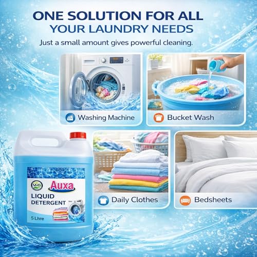 Image of AUXA Liquid Detergent | High Efficiency Laundry Liquid for Clothes | Tough Stain Remover, Deep Cleaning Formula with Long Lasting Freshness | For Machine & Hand Wash (5Ltr)