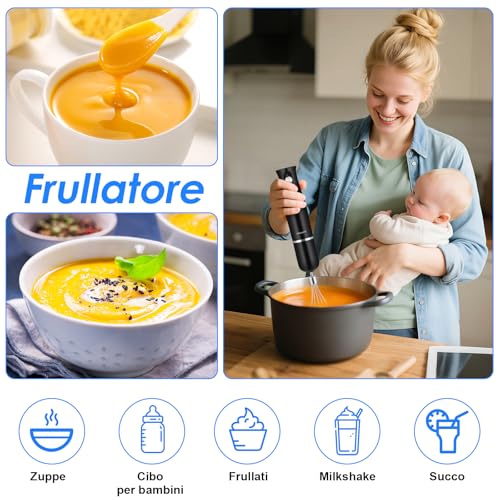 Mixer Immersione 4-In-1, 500 W Frullatore Tritatutto Multifunzione, 2 Velocità, con Frusta e Tritatutto da 500 ml e Misurino da 700 ml per Frullati, Zuppe, Salse, Yogurt, Alimenti Bambini - immagine 6