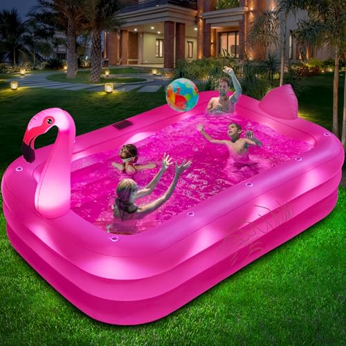 Inflatable Pool with Lights, Solar Flamingo Swimming Pool for Kids,Adults Inflatable Blow up Pool, Large Kiddie Pool,Durable Thickened Kids Pool for Backyard,Outdoor,100'X63'X20'-Bright Pink