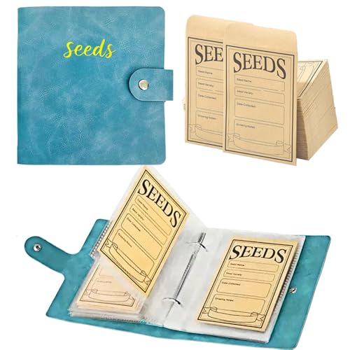 Wenscis Seed Storage Organizer Binder PU Seed Packet Organizer with 50 Clear Pockets(25 Pack Sheet Sleeves) and 50 Pack Seed Envelopes Garden Seed Holder Book Flower Plant Seed Keeper Blue