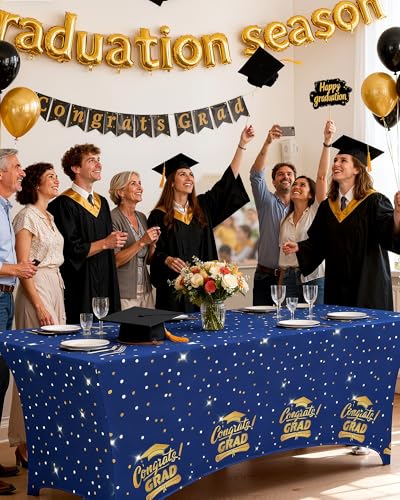Image of Pureegg Graduation Decorations 2026 Spandex Tablecloth 6ft - 2 Pack, Class of 2026 Blue Fitted Stretch Rectangle Table Cover, Wrinkle-Free Tight Tablecloth for Graduation Party, Banquet