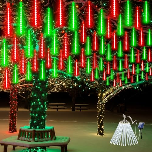 Solar Meteor Shower Lights 16 Tubes Christmas Lights Outdoor Red and Green