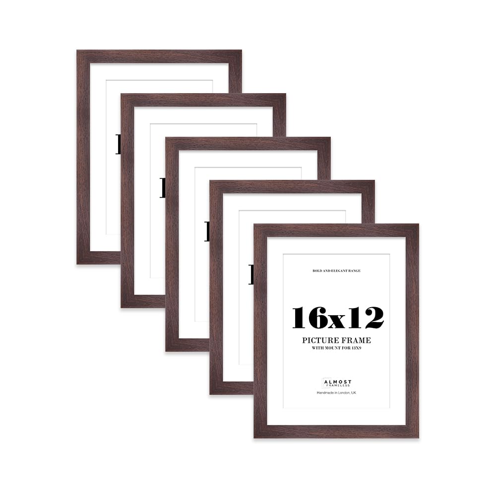 16x12" Walnut Frame With Mount for 13x9" Pictures 28mm Edge Portrait and Landscape Display with Wall Hooks, 5 Pack