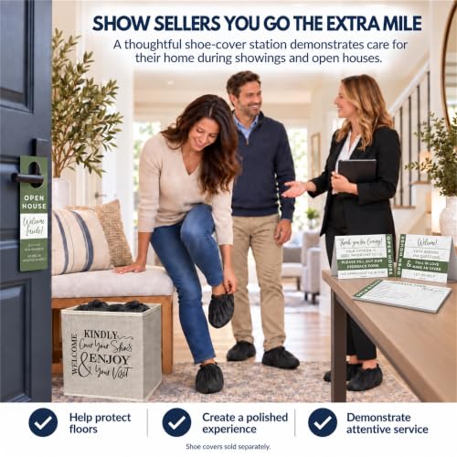 Shoe Cover Box - Welcome Guests to Please Cover Shoes. Indoor Foldable Storage Bin to Fill w/your Favorite Booties. For Homeowner, Real Estate Agent, Realtor Open House Supplies | 1 Beige & Black - Image 4