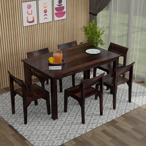 Image of Jangid Handicraft Wooden 6 Seater Dining Table | Solid Sheesham Wood Six Seater Dinning Table with 6 Chairs for Living Room | Dining Room Sets | Kitchen Dining Set for Home | Walnut Finish