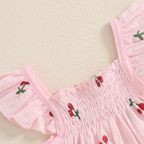 Toddler Baby Girl Outfit Cherry Linen Flying Sleeve Square Neck Tops and Ruffle Shorts Set Infant Summer Clothes 3-24M4