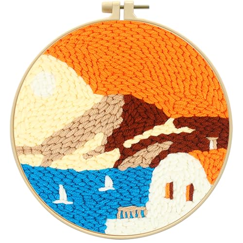 Image of Zhenqing Sunset Seascape Punch Needle Kit for Beginners - 29x29cm Embroidery with 20cm Hoop, Coarse Cotton Thread & Tools, Coastal Landscape Design(Z95113C)