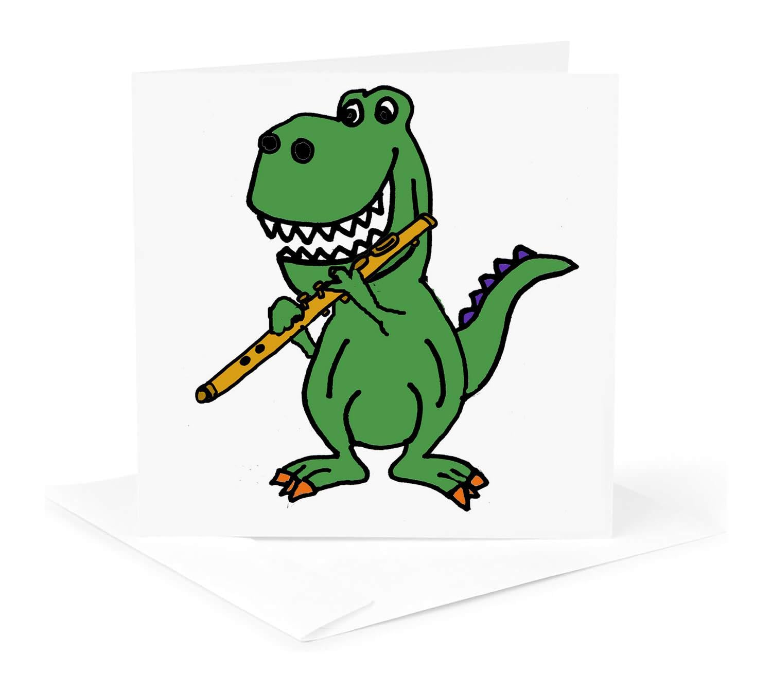 3dRose Greeting Card - Cute Funny Green T-rex Dinosaur Playing Flute Cartoon - Dinosaurs