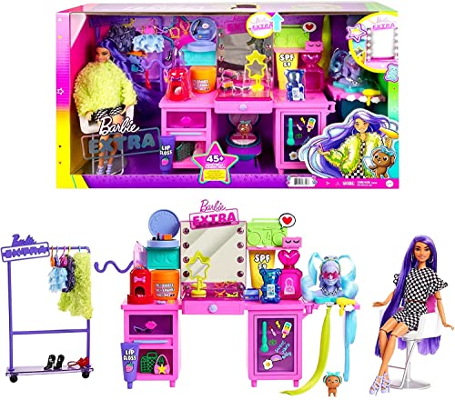Barbie Extra Doll & Vanity Playset with Exclusive Doll Pet Puppy 45+ Pieces Including Clothes & Accessories Toy Gift for Kids 3Y+ GYJ70