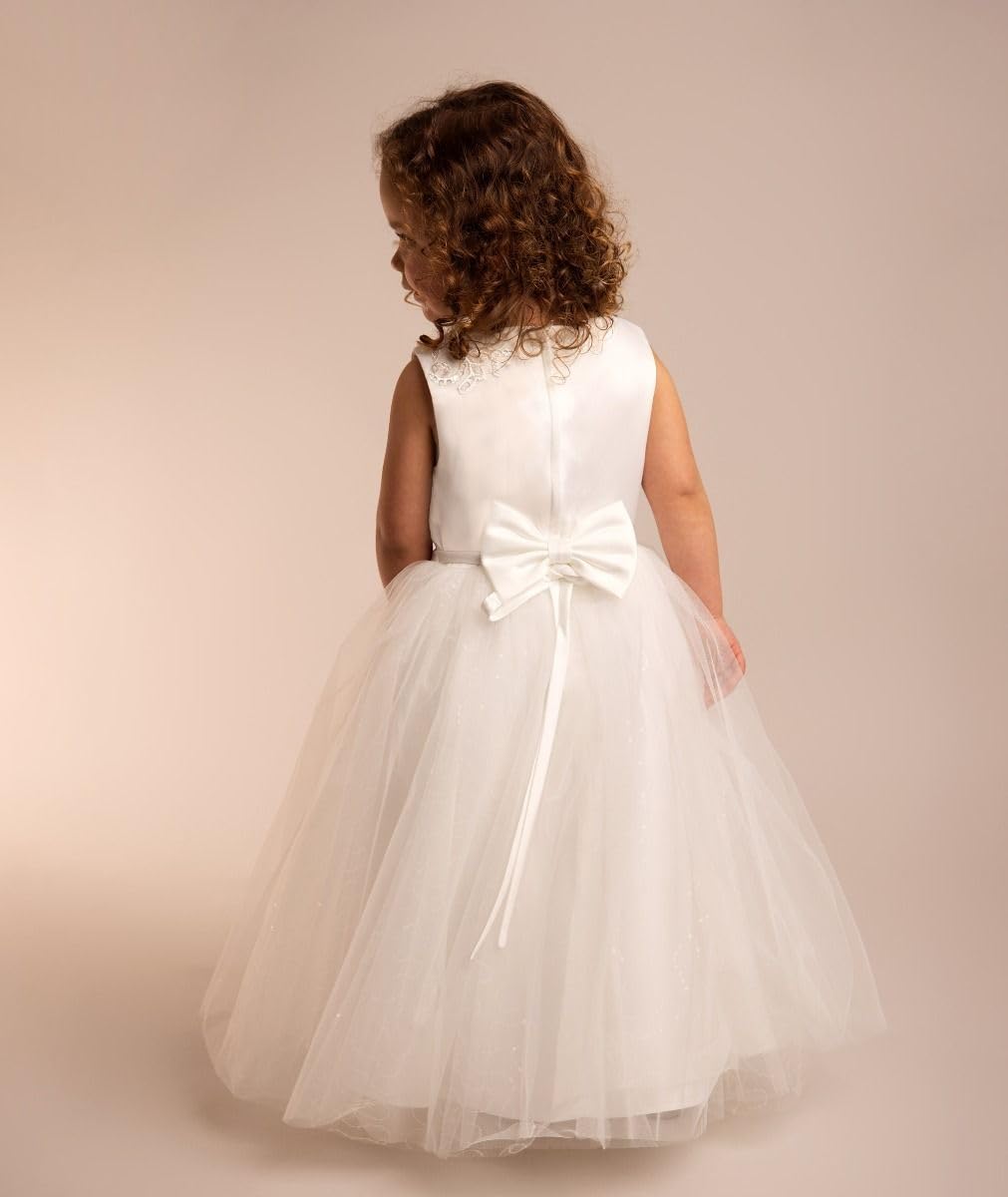 Elfenbeinfarbenes Satin- und Tüllkleid mit Pailletten für Mädchen – Hochzeits- und Kommunionskleid, Alter 2–12