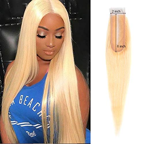 613 2X6 Closure Middle Part With Baby Hair Preplucked Bleached Knots 6 Inch Deep Part Space Transparent Lace Closure 130% Density Peruvian Virgin Hair Blonde Straight Hair Only Closure 14 Inch
