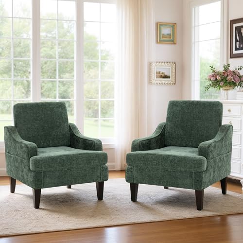 Image of Set of 2 Accent Chair for Living Room,Mid-Century Arm Chair Chenille Fabric Living Room Chairs,Upholstered Reading Chair for Bedroom,Single Sofa Chair with Wood Legs for Apartment (Green)